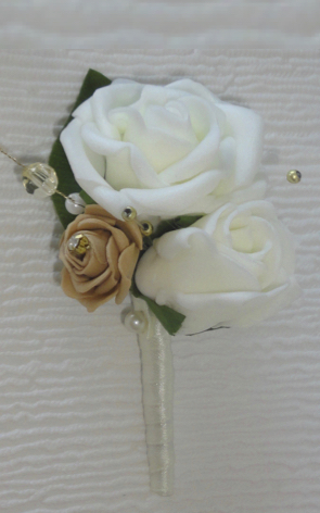 Ivory & Gold Buttonhole with pearls & Crystals